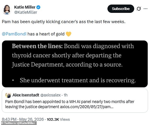 Bondi starts thyroid cancer treatment while retaining White House AI advisory role.